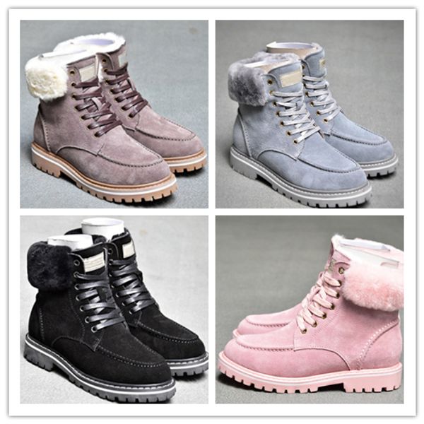 

wgg sheepskin ankle boots 2020 winter laceup snow solid leather outdoor womens girl half boots ankle boots black grey pink shoes