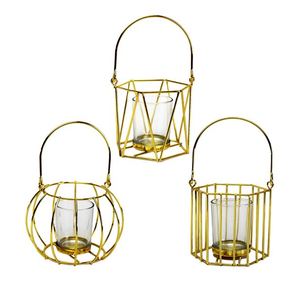 

3pcs nordic style metal basket candlestick candle holder golden