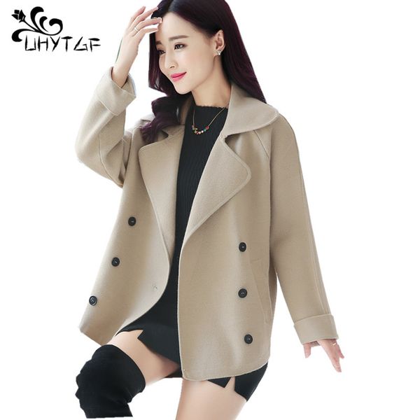 

uhytgf women coat double-breasted cardigan wool coat fashion loose short female plus size abrigo lana mujer jas dames x9, Black