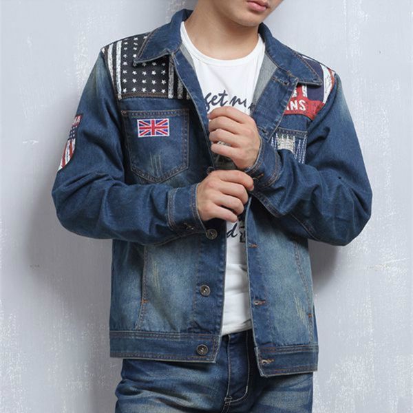 

shionfa весна осень мужская пуговица джинсовая куртка флаг великобритании британский стиль повседневная верхняя одежда модные отверстия тонк, Black;brown