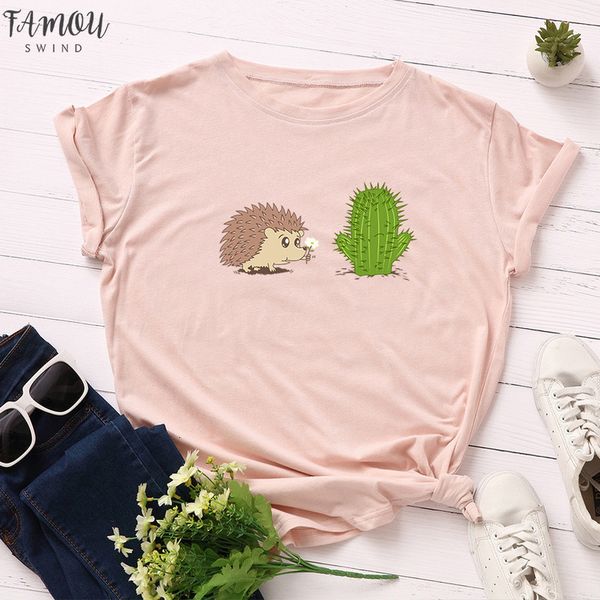 

summer kawaii cartoon t shirt petal sleeve harajuku hedgehog cactus women funny plus size animal pattern print tee t shirt new, White