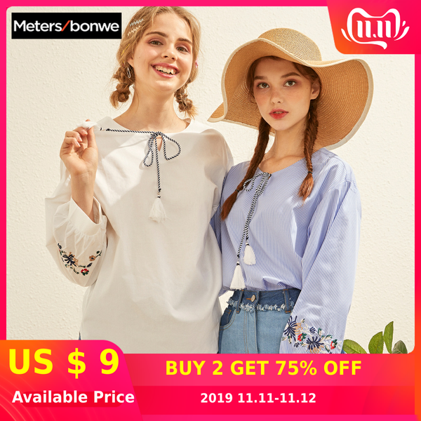

metersbonwe2019blouses embroidered blouse long sleeve shirt female fashion cotton shirt retro striped round neck blouses, White