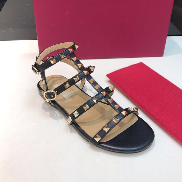 

2019 new luxury design popular women's flat rivet espadrilles shoes casual sandals leather flat slippers flip flop big size 41 42 with, Black