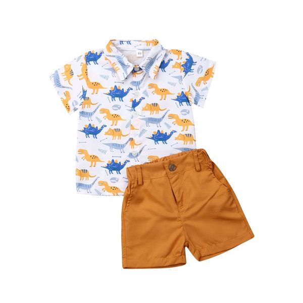 

gentleman boy summer clothes short t-shirt shorts pants 2pcs cotton dinosaur cartoon print fashion casual kids boys set, White