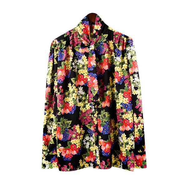 

2019 early spring new retro floral print scarf collar temperament foreign style chiffon shirt blouse women women clothes size s-xl, White