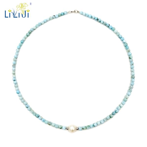 

liiji unique natural stone blue larimar 2mm/3-4mm round faceted beads freshwater pearl 925 sterling silver choker necklace
