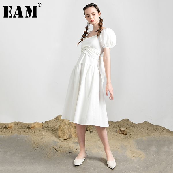 

eam] women white brief bandage bow long dress new square collar short sleeve loose fit fashion tide spring summer 2020 1u403, Black;gray