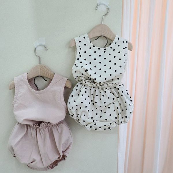 

new 2020 summer baby clothing baby boys clothes polka dot pure cotton and linen infant girls suit infant outfit, White