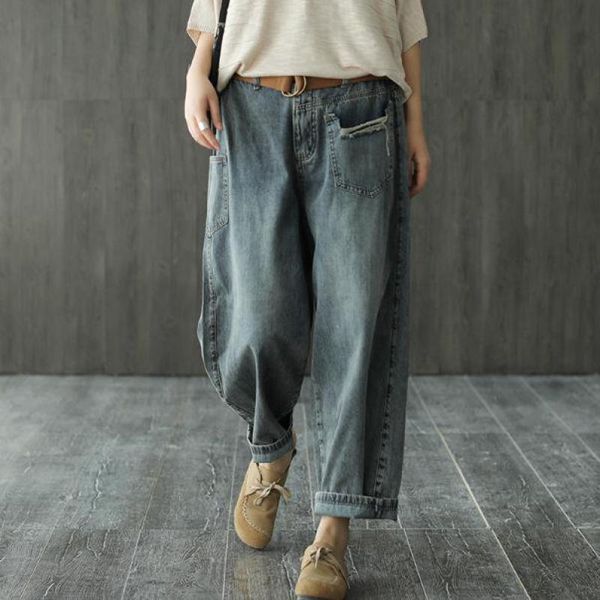 

johnature spring summer full length pockets elastic waist denim harem pants 2020 new loose leisure fashion all-match women pants, Blue