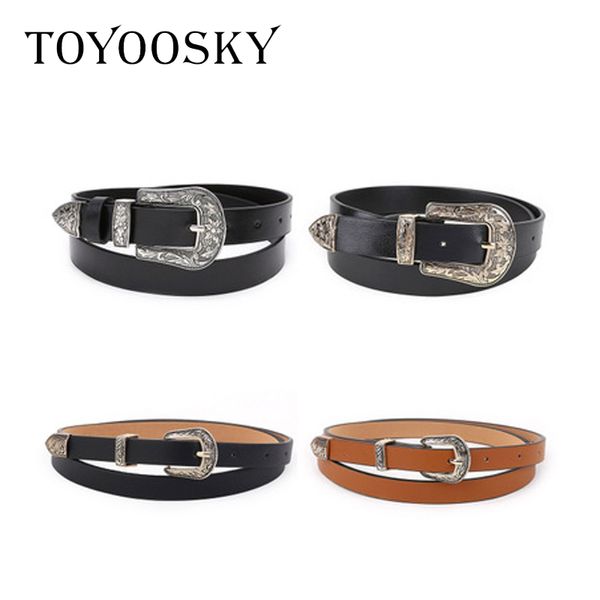 

toyoosky designers women belt black pu leather for jeans western cowgirl belt metal buckle waistband for female cinturon mujer, Black;brown