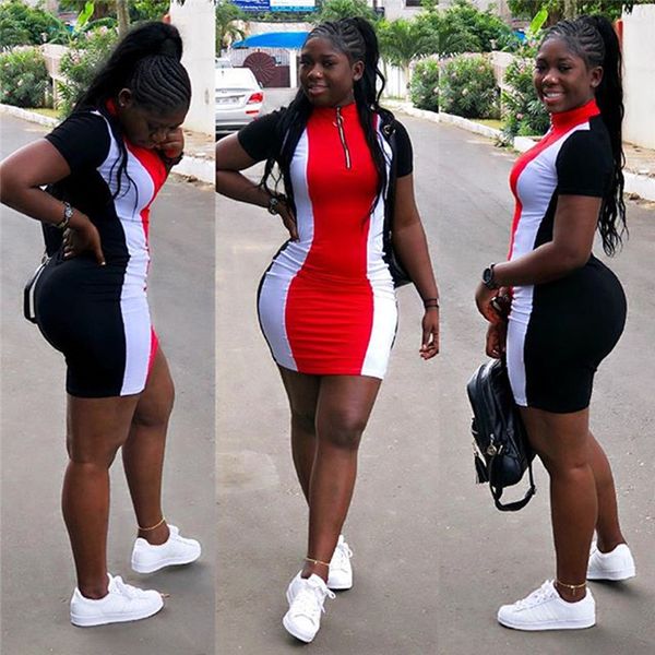 

женская дизайнерская панелями платье с коротким рукавом на молнии нашивки женщины одежда мода sexy повседневные платья, Black;gray