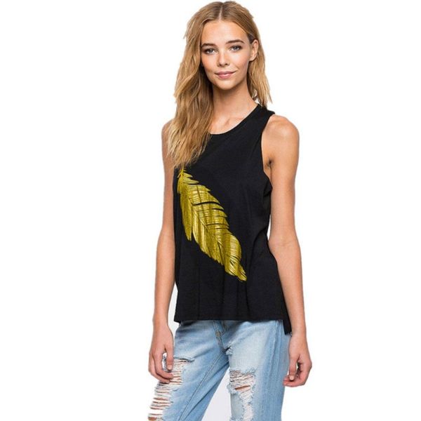 

summer black vests fashion wild golden leaf print camisole loose casual round neck tank sleeveless top, White
