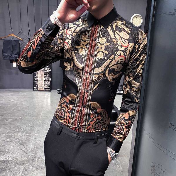 

2020 барокко роскошные рубашки мужские дизайнерская одежда золотой узор рубашки мужские партии printed камиза masculina slim fit club, White;black