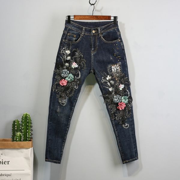 

denim trousers denim pants women autumn winter new jeans lace flower embroidery slim fashion blue jeans stretch pants student