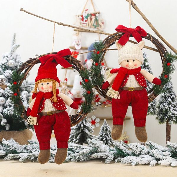 

christmas rattan wreath artificial garland with cute doll and red bow knot holiday hanging pendant