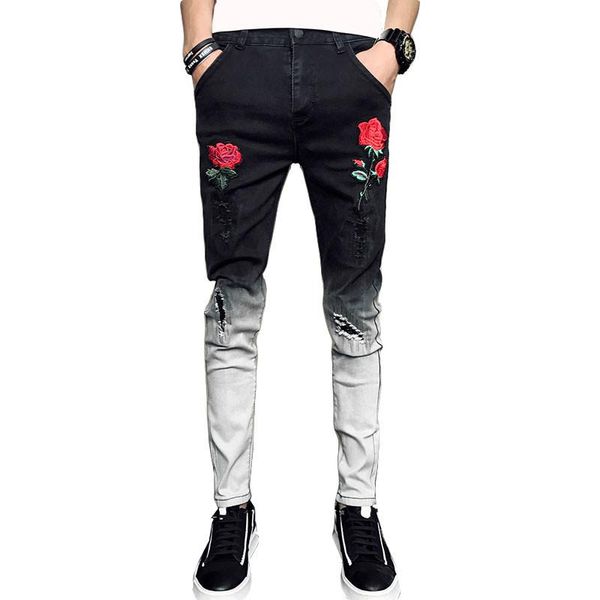 

2019 embroidery jeans men with flowers rose embroidered men's high-grade pure cotton denim jeans stretch skinny push size 28-34, Blue