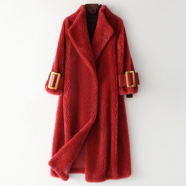 

warm women's wool coat natural real sheepskin thick coat red jacket with pocket sheepskin suede lining, Black