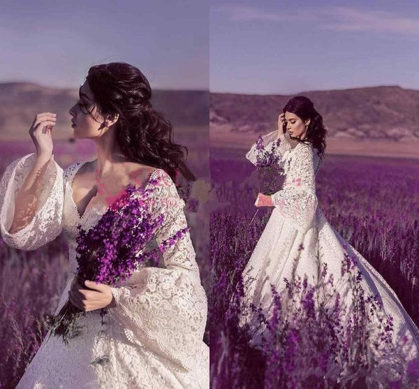 

2020 New Sexy V Neck Long Sleeve A Line Wedding Dresses Back Corset Full Lace Sweep Train Medieval Bridal For Garden Country Gowns, White