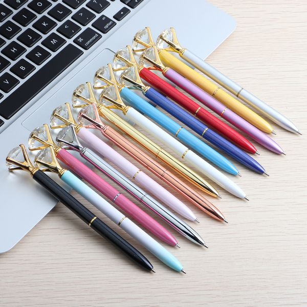 

big carat diamond crystal pen gem ballpoint pen ring wedding office metal ring roller ball pen office supplies, Blue;orange
