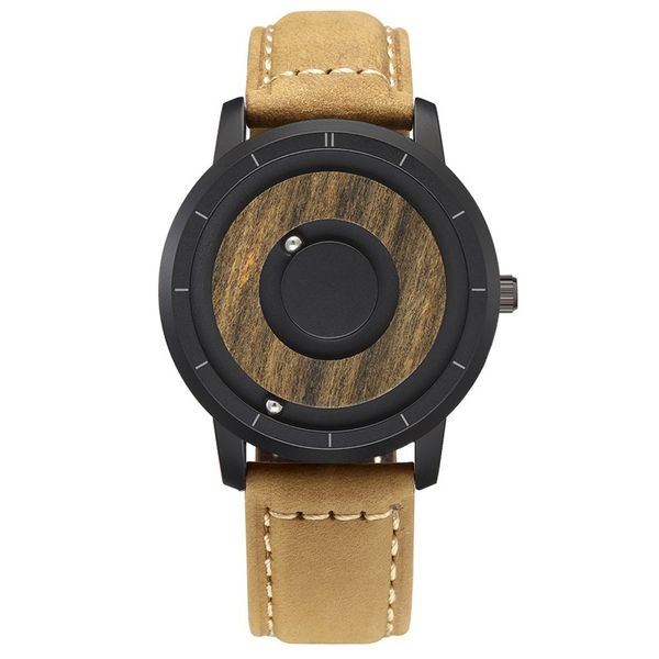 

2019 fashion simple magnet ball watches 2019 men watches wooden dial genuine leather blind touch mens quartz watch women casual, Slivery;brown
