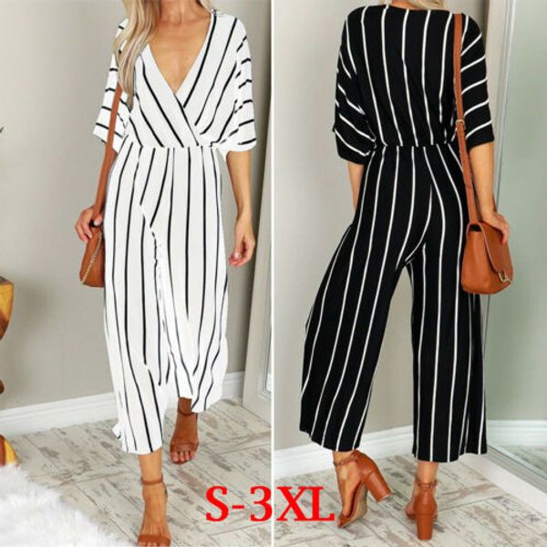 

office ladies women black/white high waist v neck striped loose straight beach holiday casual elegant fashion jumpsuits