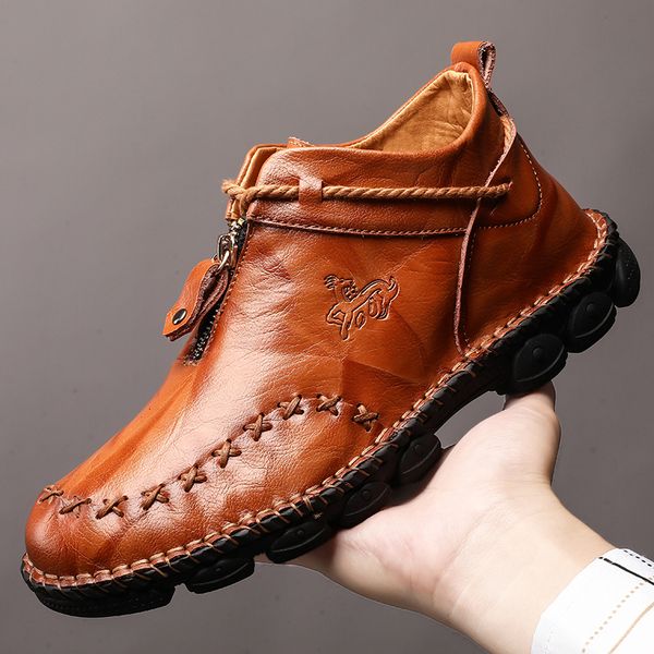 

genuine leather men boots fashion zipper shoes male cow leather man brown ankle boots 2019 autumn plus size 38-48 cj191205, Black