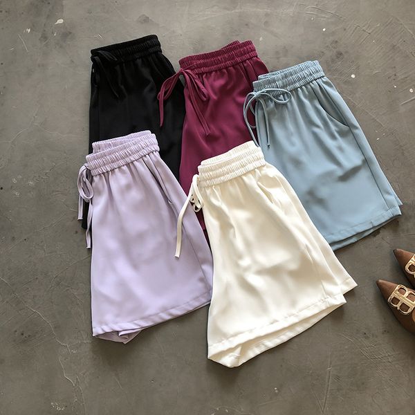 

2020 summer chiffon short pants elastic high waist wide leg streetwear bottom women pockets basic shorts female, White;black