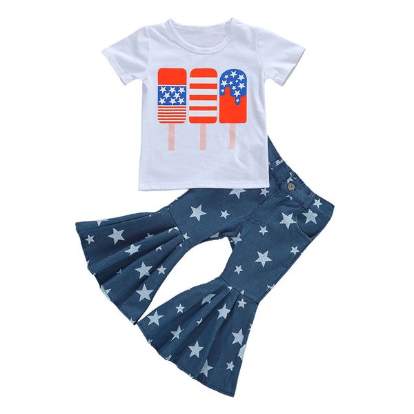 

2-7y kid girls 2pcs outfit summer autumn simple round collar short sleeve white + creative star printing flared pants set