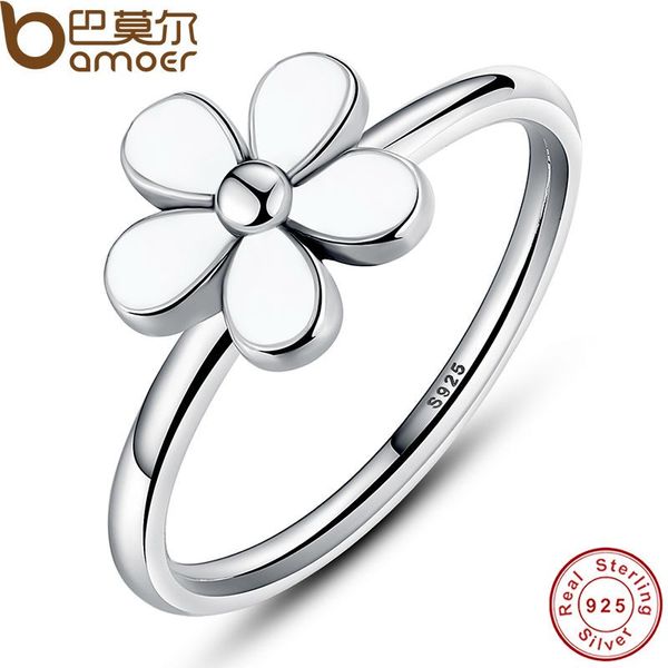 

цветок стерлингового серебра 925 дорогая daisy стекируемый кольцо белая эмаль с белой эмальной подлинной ювелирные изделия pa7115, Slivery;golden