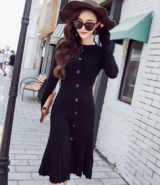 

осеннее женское новое платье дамы с длинными рукавами вязаное платье чистый цвет миди-длинный раздел однобортный пуловер slim fit плиссирова, Black;gray