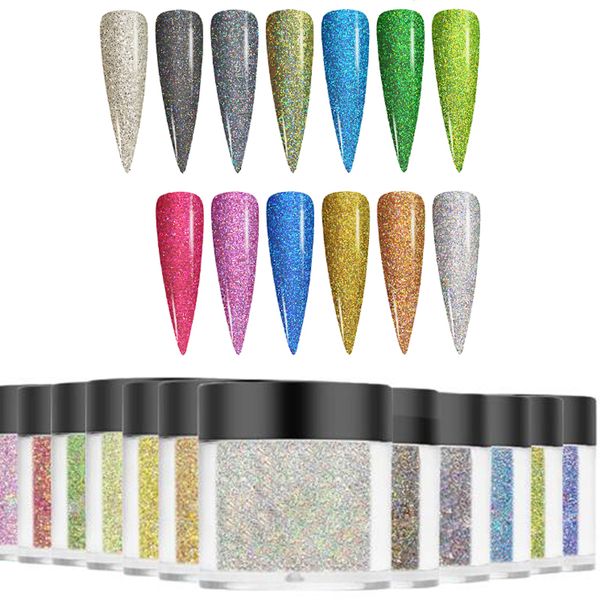 

16 colors 10ml nail glitter powder clear/laser sparkly dipping powder for nails art decorations chrome pigment manicure tip fa46, Silver;gold