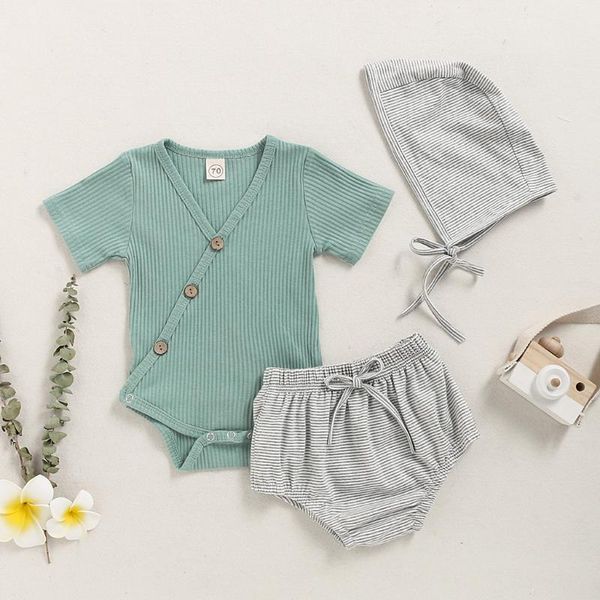 

infant baby boys girls clothes set solid color v-neck button casual bodysuit romper+striped shorts hat outfits baby set clothing, White