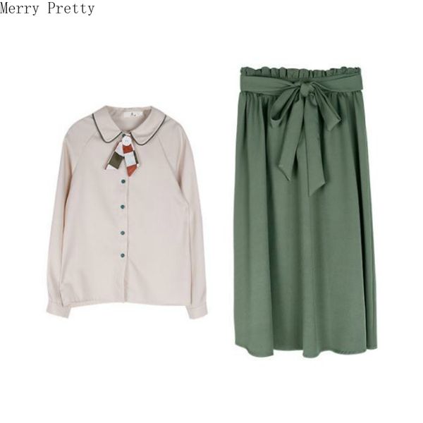 

женский комплект из двух частей питер пэн воротник галстук блузка высота талии длина до колен бант пояса плиссированная юбка 2020 весна топ, White