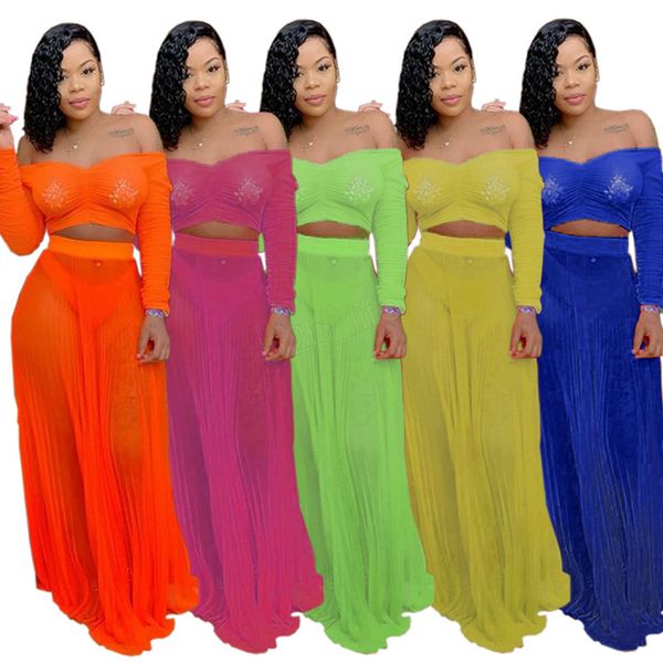 

women summer off shoulder dress set see through two pieces sets orange strapless long sleeve loose tee long skirt suit ljja2830, White