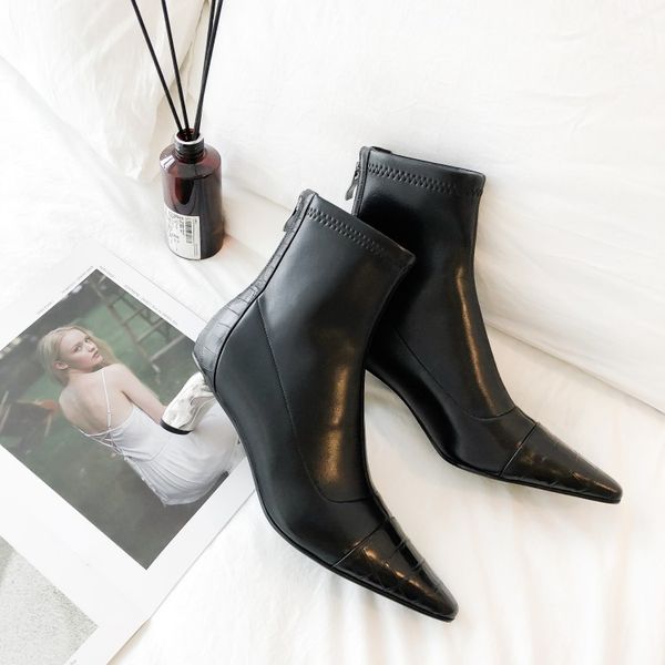 

high-end square toe shaped leather boots women's mixed color new texture single boots temperament women's, Black