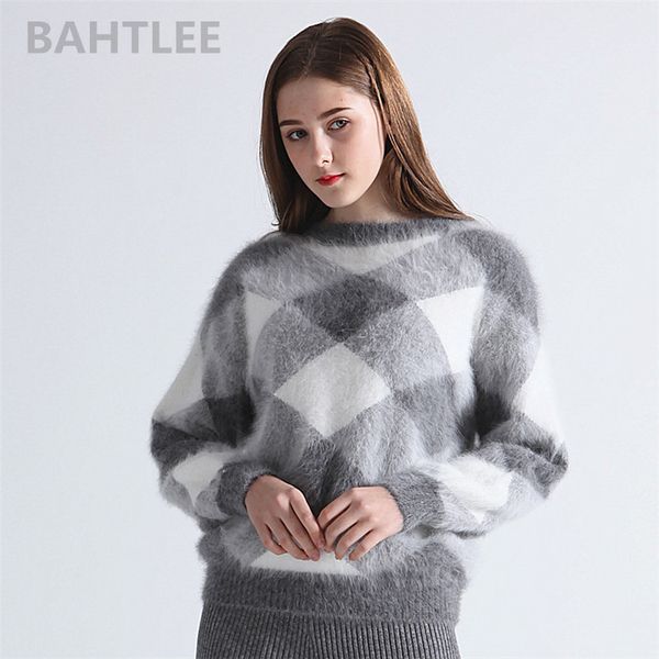 

bahtlee 2018 autumn winter women's angora knitted lantern sleeve pullovers sweater colorblock diamond geometry keep warm, White;black