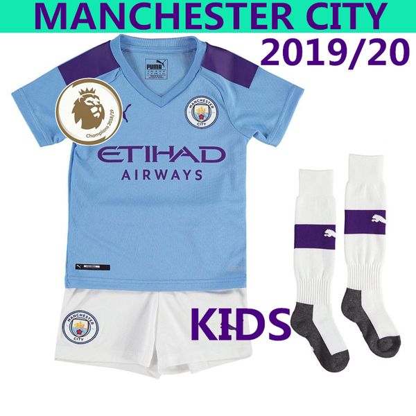 

new 19/20 manchester kids full kit with socks city 2019 2020 child clothes sterling bernardo ghome sky blue junior boy girl football uniform, Black