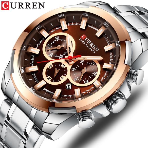 

stainless steel men's watch curren new sports watch chronograph and luminous pointers wristwatch fashion mens dress watches, Slivery;brown