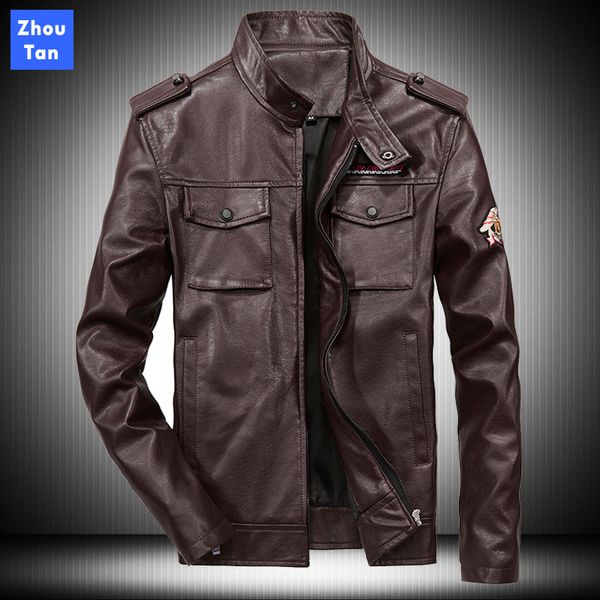 

men autumn winter 2020 leather jacket motorcycle stand collar pu leather male jackets outerwear faux coat jacket for men, Black