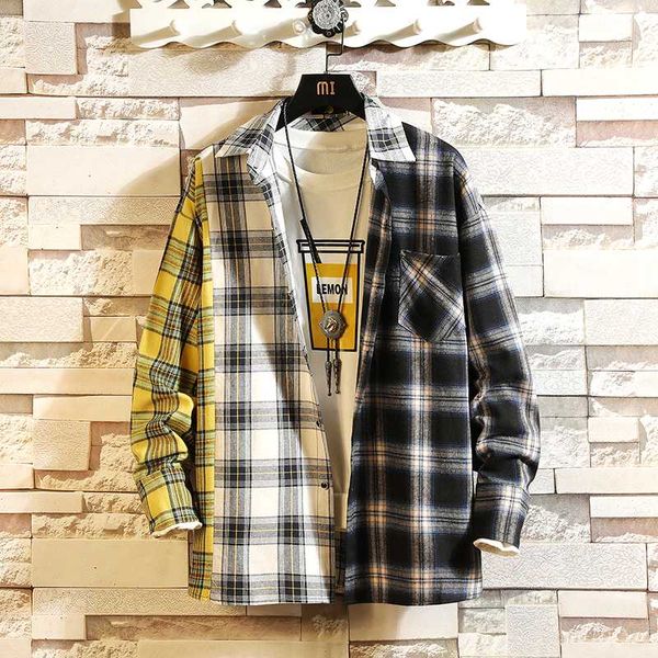 

2020 new personality patchwork red plaid shirt men's street casual hip hop long-sleeved shirt men's loose large size -5xl, White;black