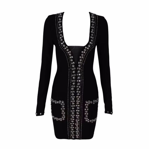 

beading pockets black v neck women elegant long sleeve dress 2018 vestido celebrity evening party bandage bodycon dresses, Black;gray