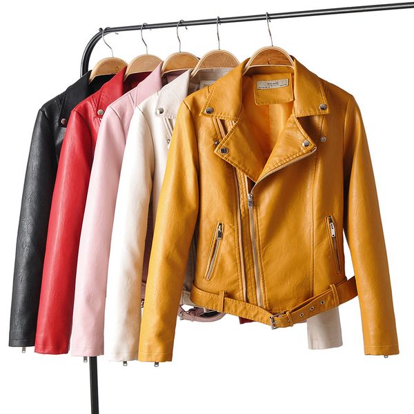 

taotrees autumn solid color lapel fashion pu long sleeve short jacket, Black
