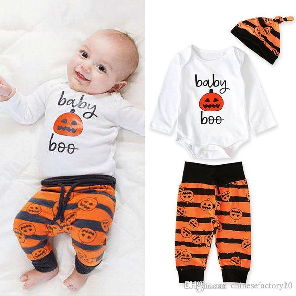 

ins baby boys halloween long sleeve romper & stripe pants & hat pumpkin clothing set 3 pcs set costumes kids outfit, White