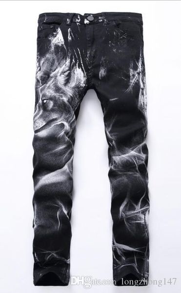 

cool man's casual jeans skinny pants tights fold hip hop wolf head trousers men cotton pencil pants biker jeans young people slim pan, Blue