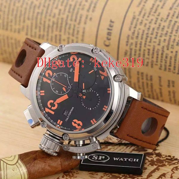 

10 colors fashion u-b flightdeck u-7750/50 wristwatches 46mm leather bands strap stainless steel vk quartz chronograph mens watch watches, Slivery;brown