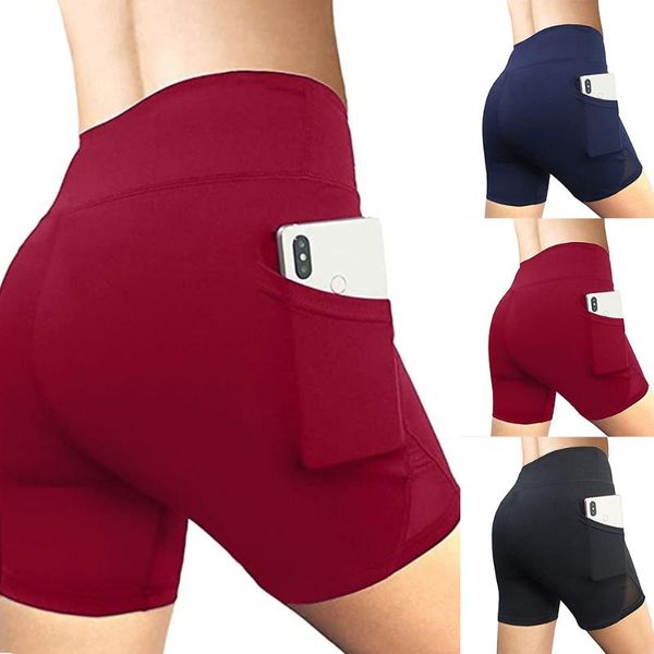 

новые женские шорты для йоги сплошной цвет летние эластичные шорты для бега высокая талия с карманом дамы фитнес бег спортивная одежда, White;red