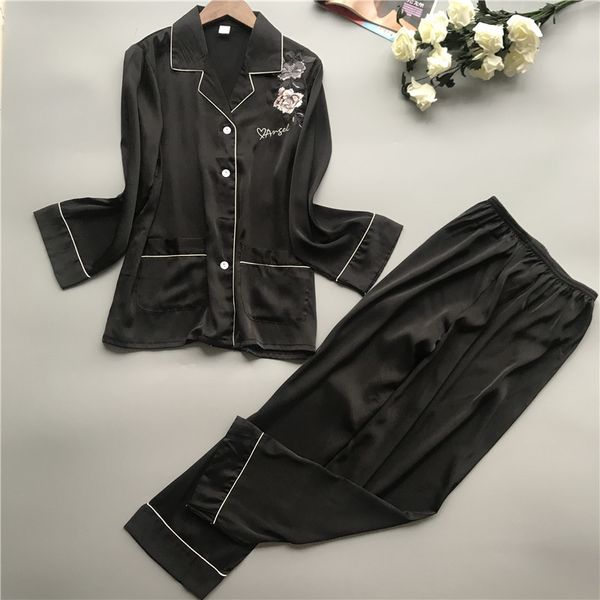

pink spring summer lady long sleeve home wear satin embroidery pajamas pyjama set floral turn down collar 2pcs sleepwear, Blue;gray