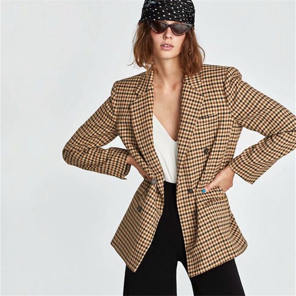 

taotrees autumn winter women plaid tailored collar double breasted coats long sleeve outwear tweed tailored suit, White;black