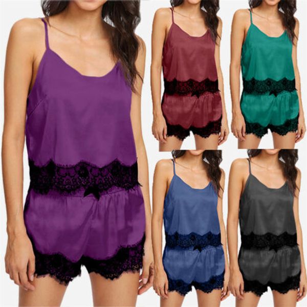 

newly women summer pajama sets spaghetti strap lace sleepwear nightwear lingerie nightdress ladies pajamas, Blue;gray