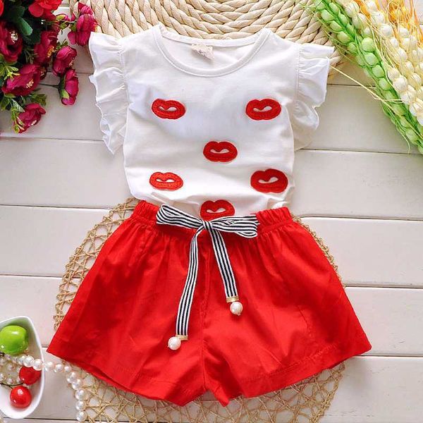 

2018 summer girls двухкусочный костюм sexy lip вышитые футболки шорты школа стиль детская одежда наборы 4 5 6 7 8 9 10 ages, White